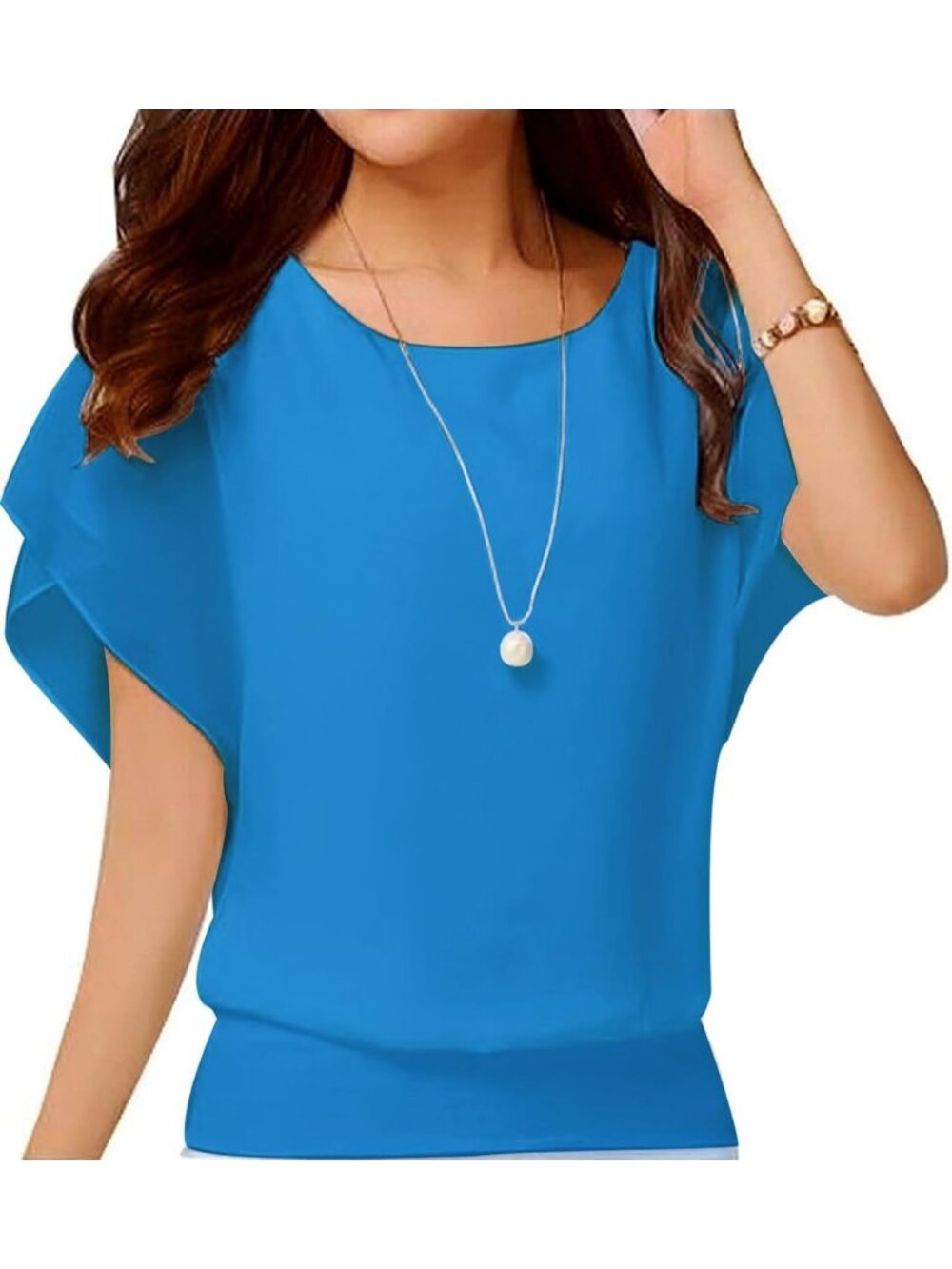 Women's Bright Blue Elegant Loose Casual Short Sleeve Chiffon Top T Shirt Blouse